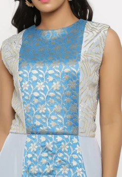Woven Art Silk Panelled Abaya Style Suit in Blue
