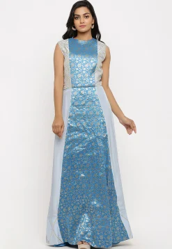 Woven Art Silk Panelled Long Kurta in Off White and Pastel Blue