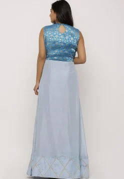 Woven Art Silk Panelled Long Kurta in Off White and Pastel Blue