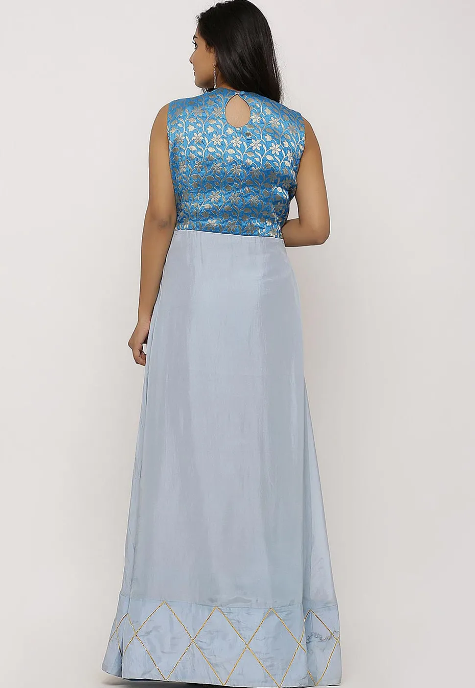 Woven Art Silk Panelled Long Kurta in Off White and Pastel Blue