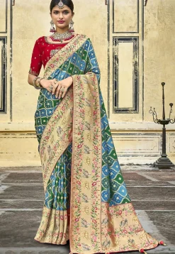 Woven Art Silk Saree in Blue and Green