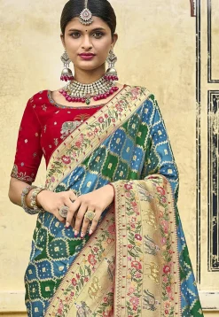Woven Art Silk Saree in Blue and Green
