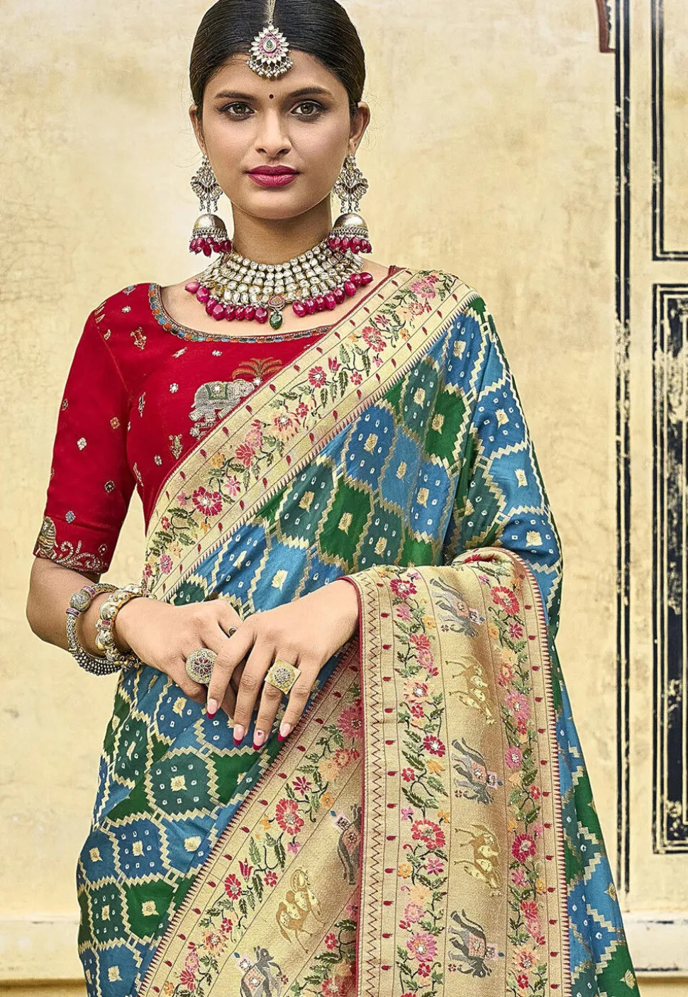 Woven Art Silk Saree in Blue and Green