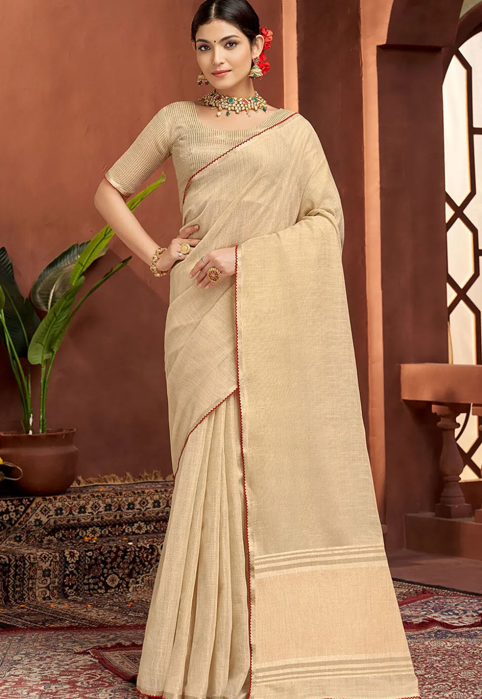 Woven Art Silk Saree in Beige