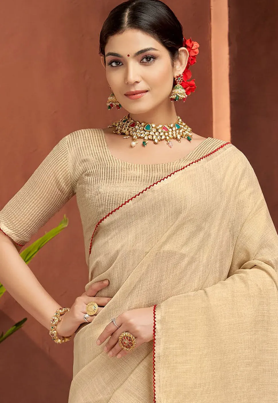 Woven Art Silk Saree in Beige