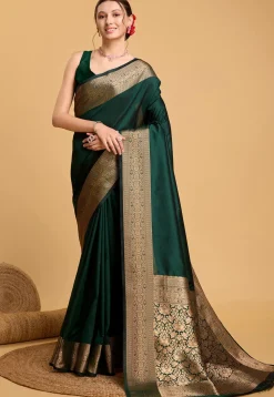 Woven Art Silk Saree in Dark Green