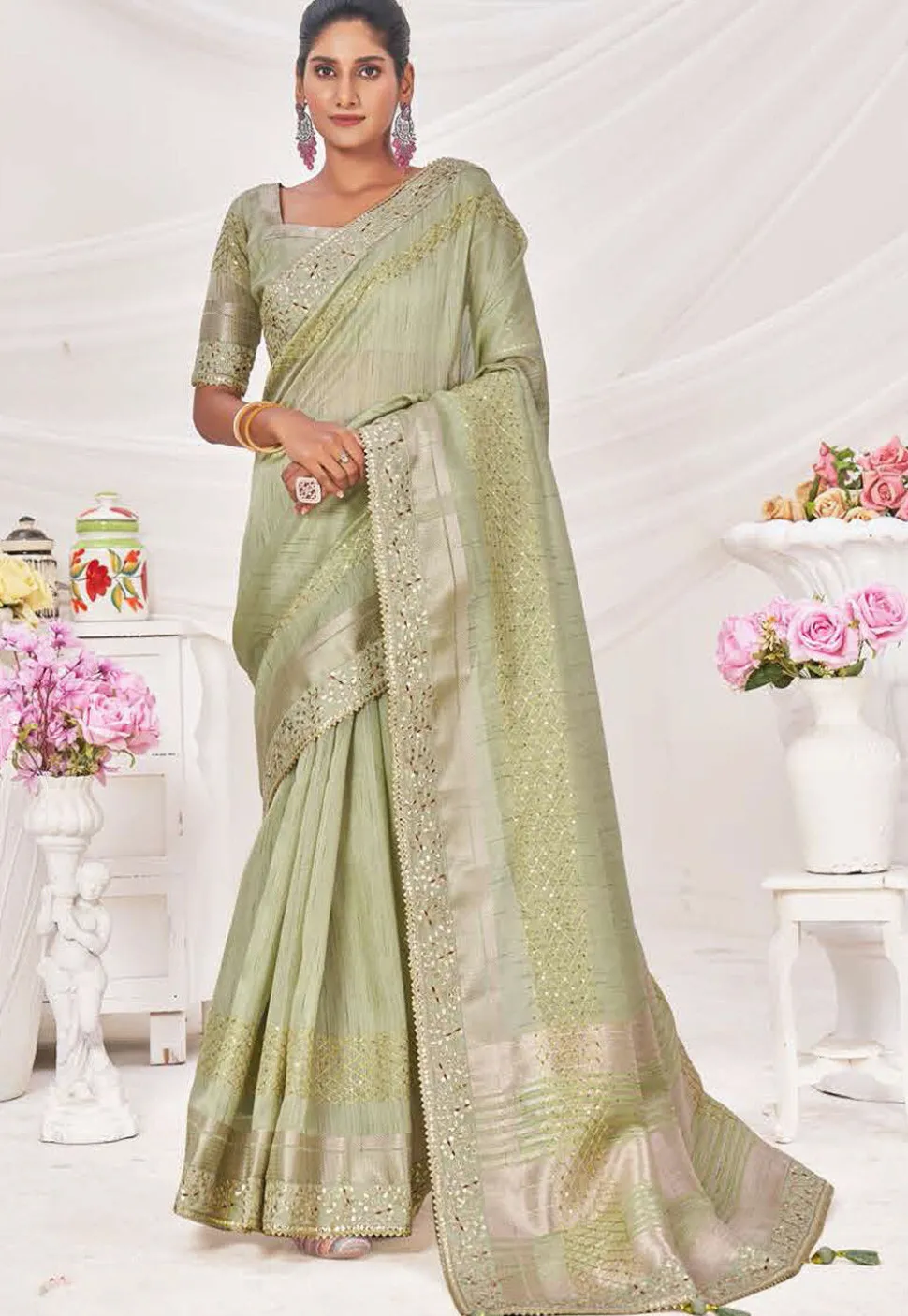 Woven Art Silk Saree in Dusty Green