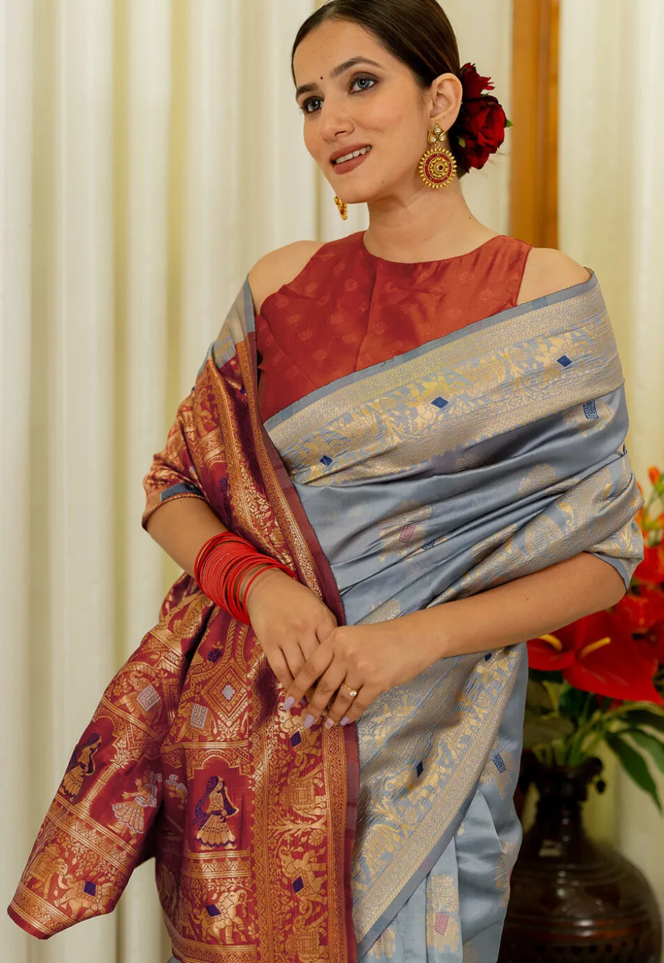 Woven Art Silk Saree in Dusty Blue