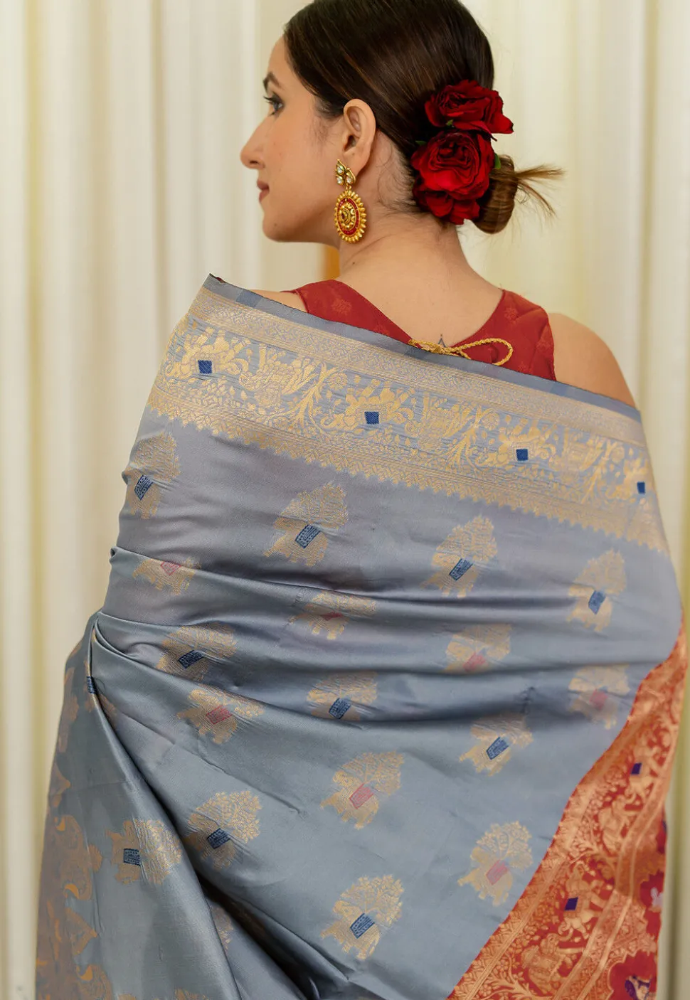 Woven Art Silk Saree in Dusty Blue