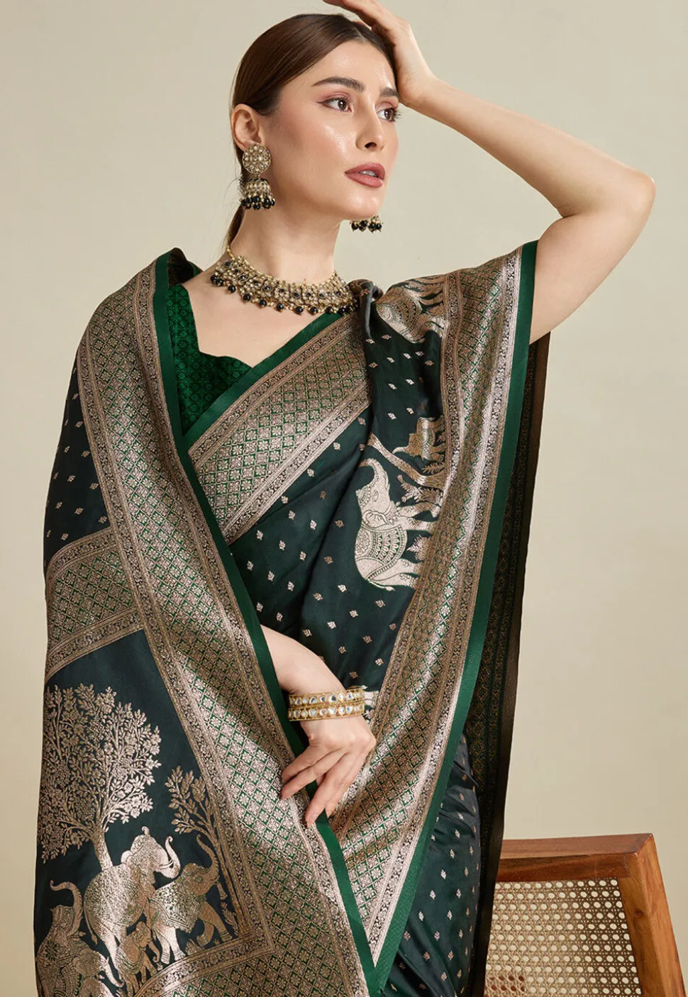 Woven Art Silk Saree in Dark Green