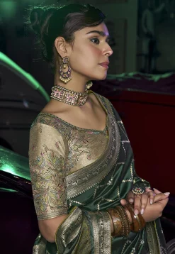 Woven Art Silk Saree in Dark Green