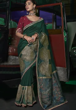 Woven Art Silk Saree in Dark Green