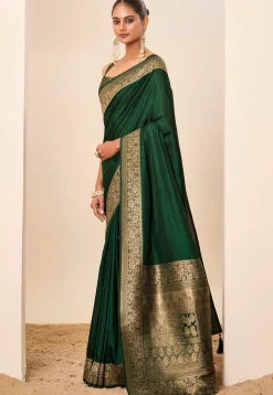 Woven Art Silk Saree in Dark Green