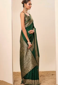 Woven Art Silk Saree in Dark Green