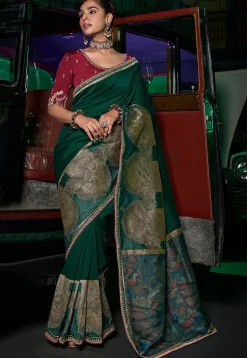 Woven Art Silk Saree in Dark Green