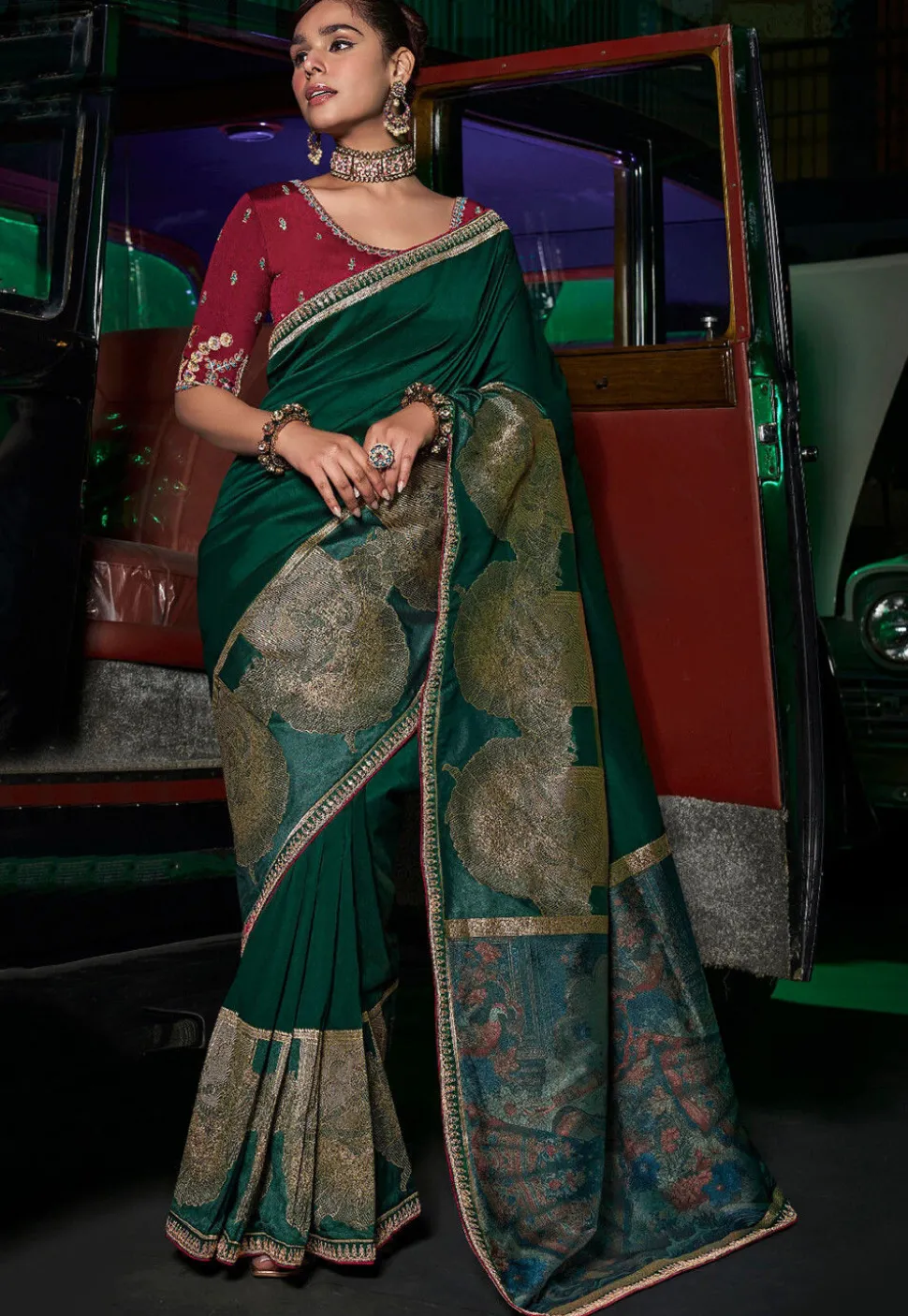 Woven Art Silk Saree in Dark Green