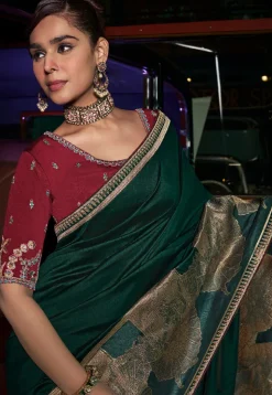 Woven Art Silk Saree in Dark Green