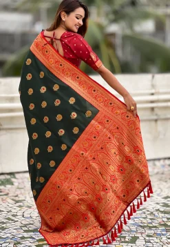 Woven Art Silk Saree in Dark Green