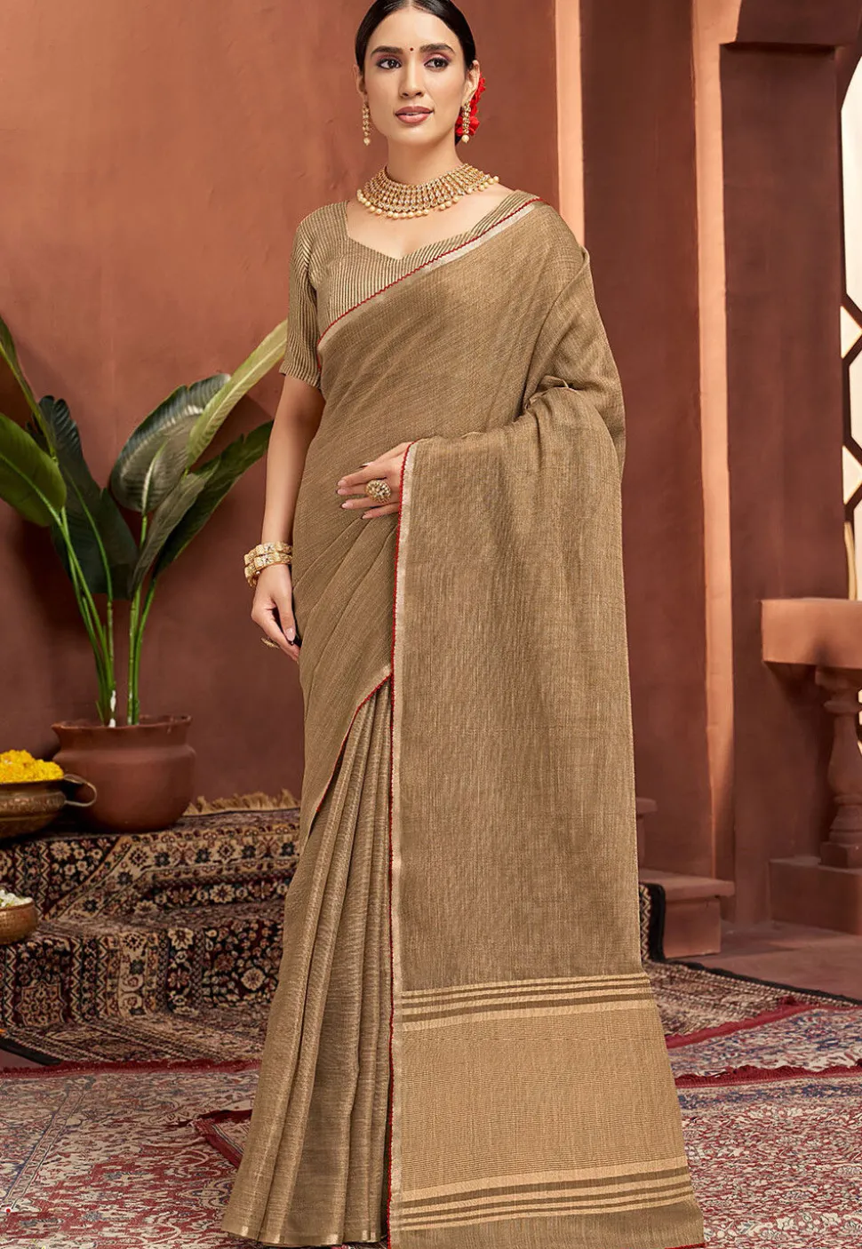 Woven Art Silk Saree in Fawn
