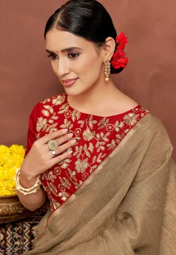 Woven Art Silk Saree in Fawn