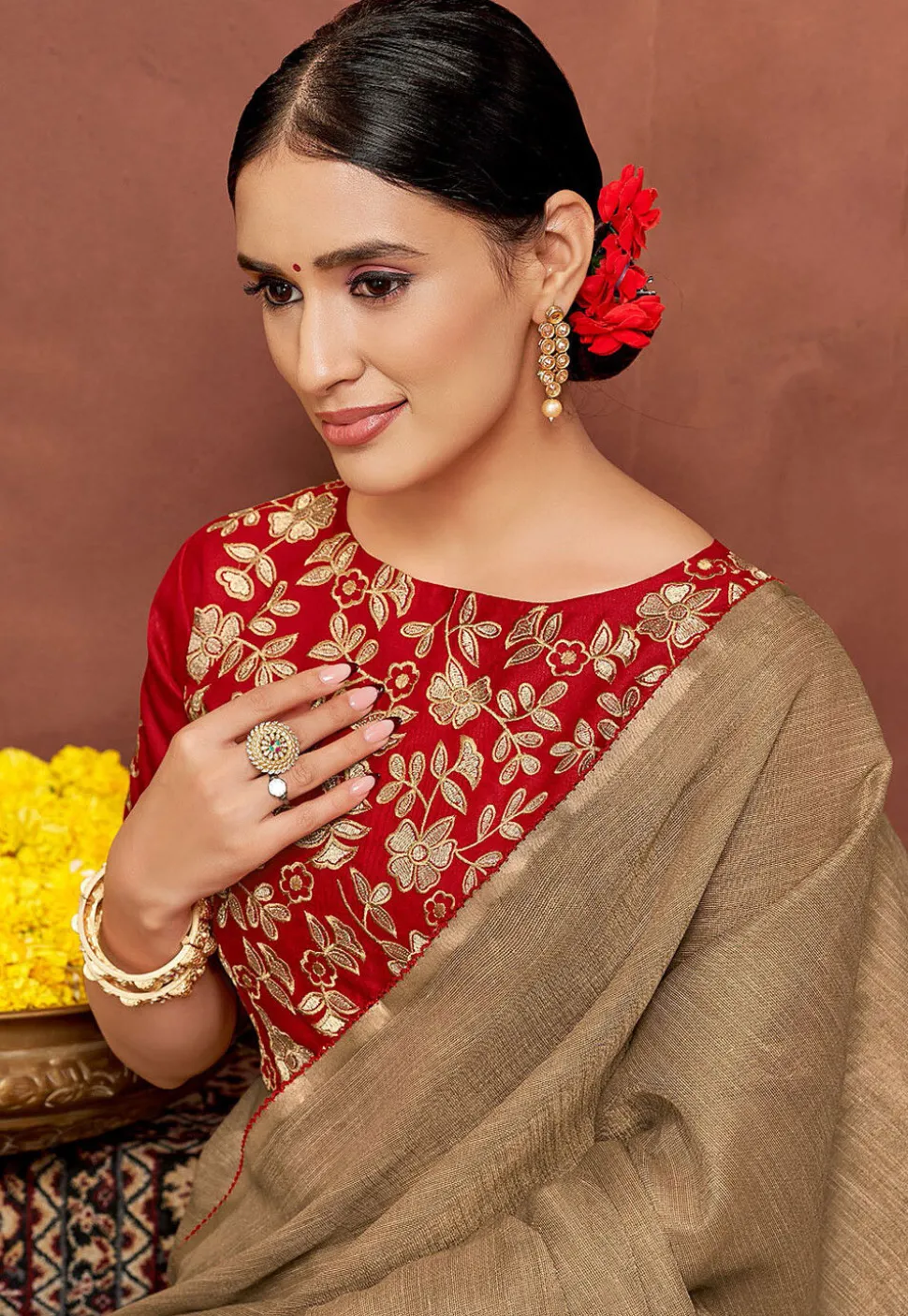 Woven Art Silk Saree in Fawn