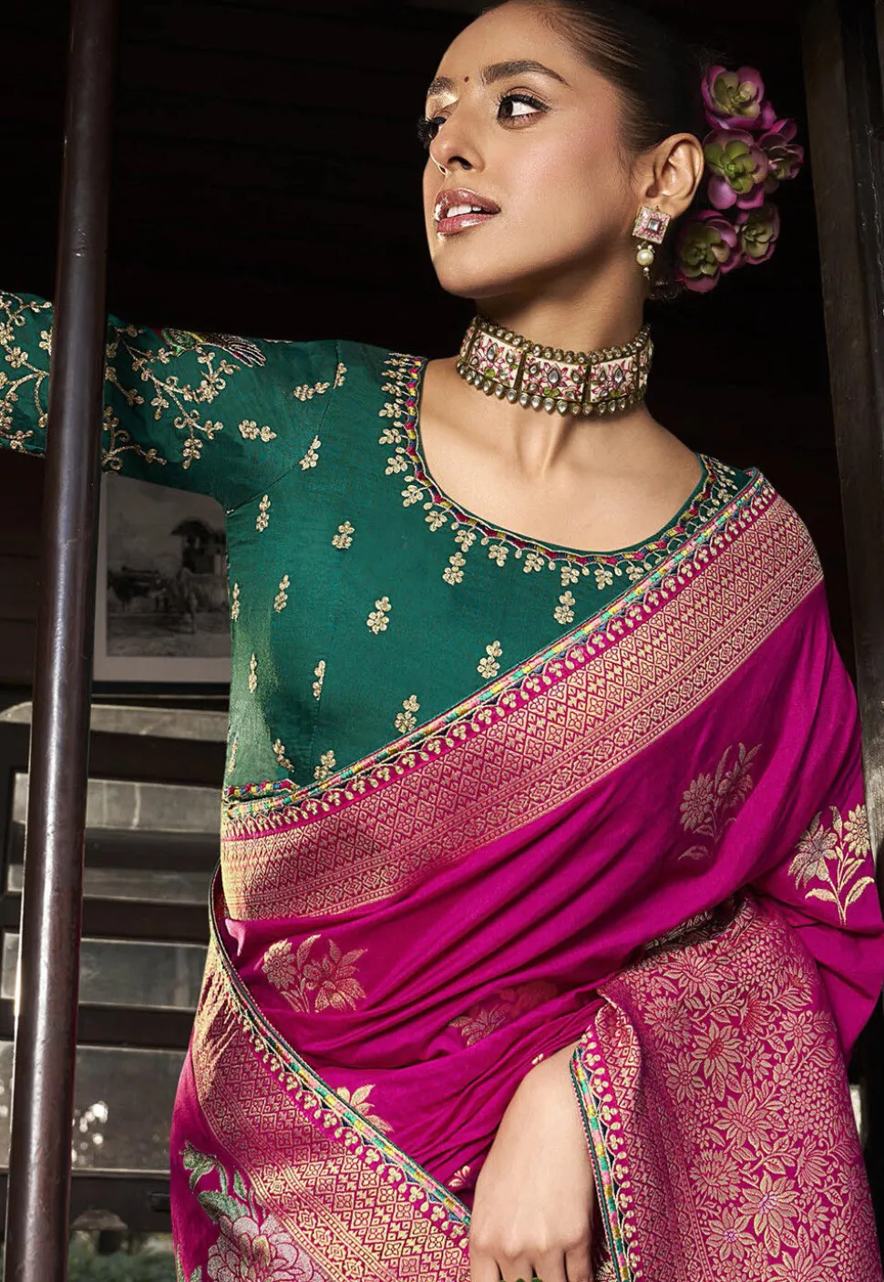 Woven Art Silk Saree in Fuchsia