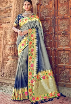 Woven Art Silk Saree in Grey