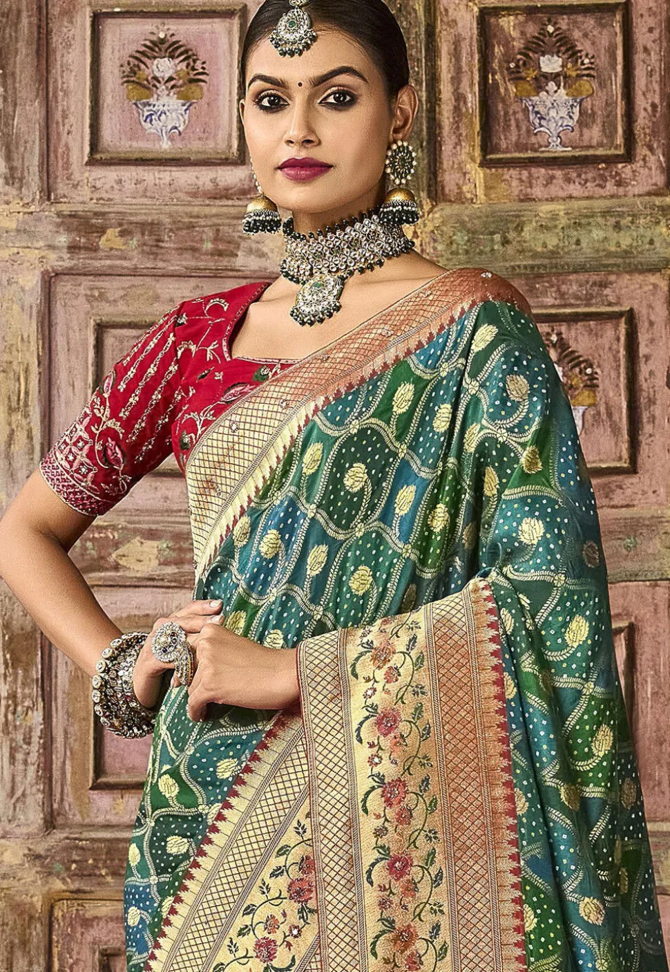 Woven Art Silk Saree in Green and Blue