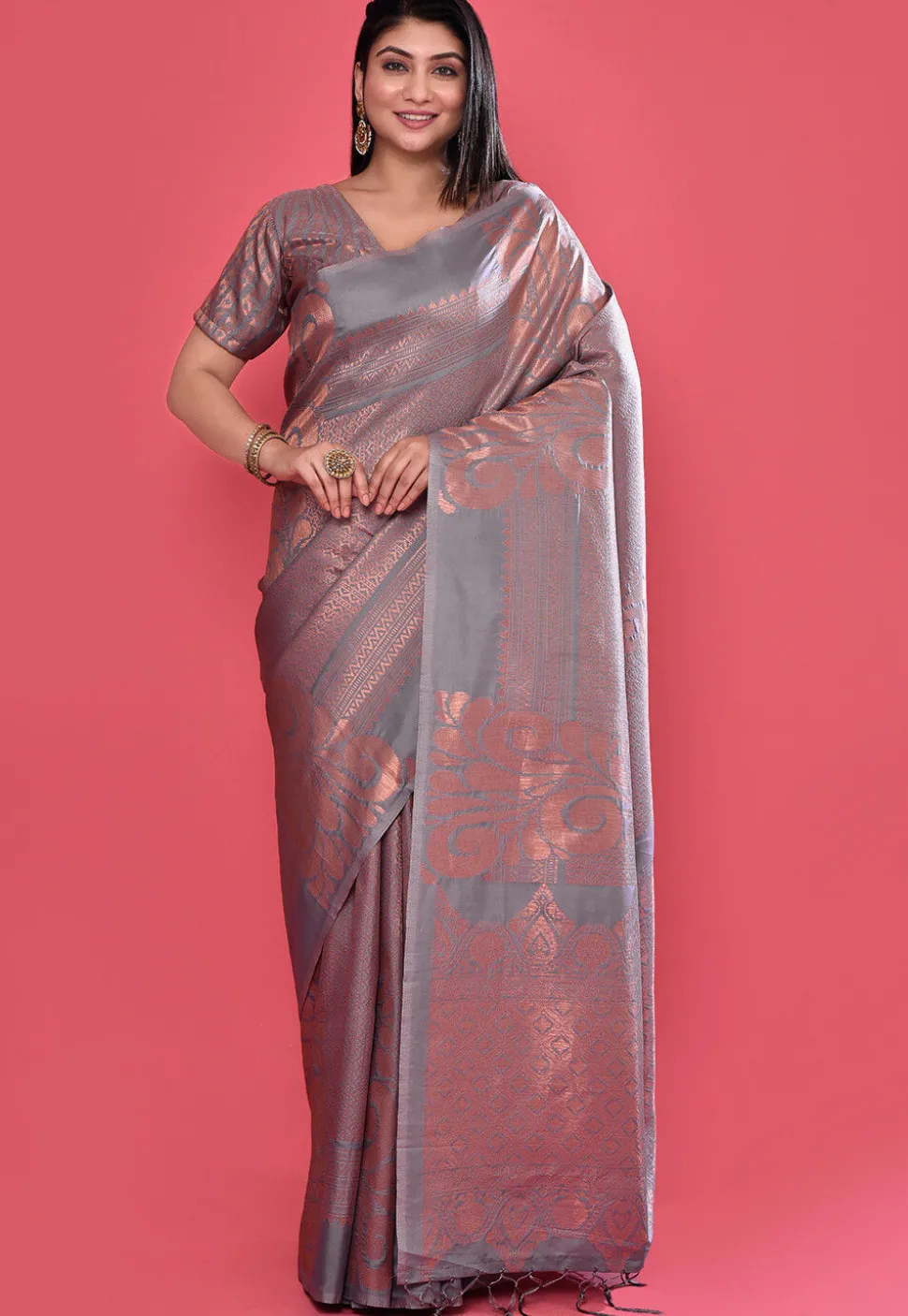 Woven Art Silk Saree in Grey