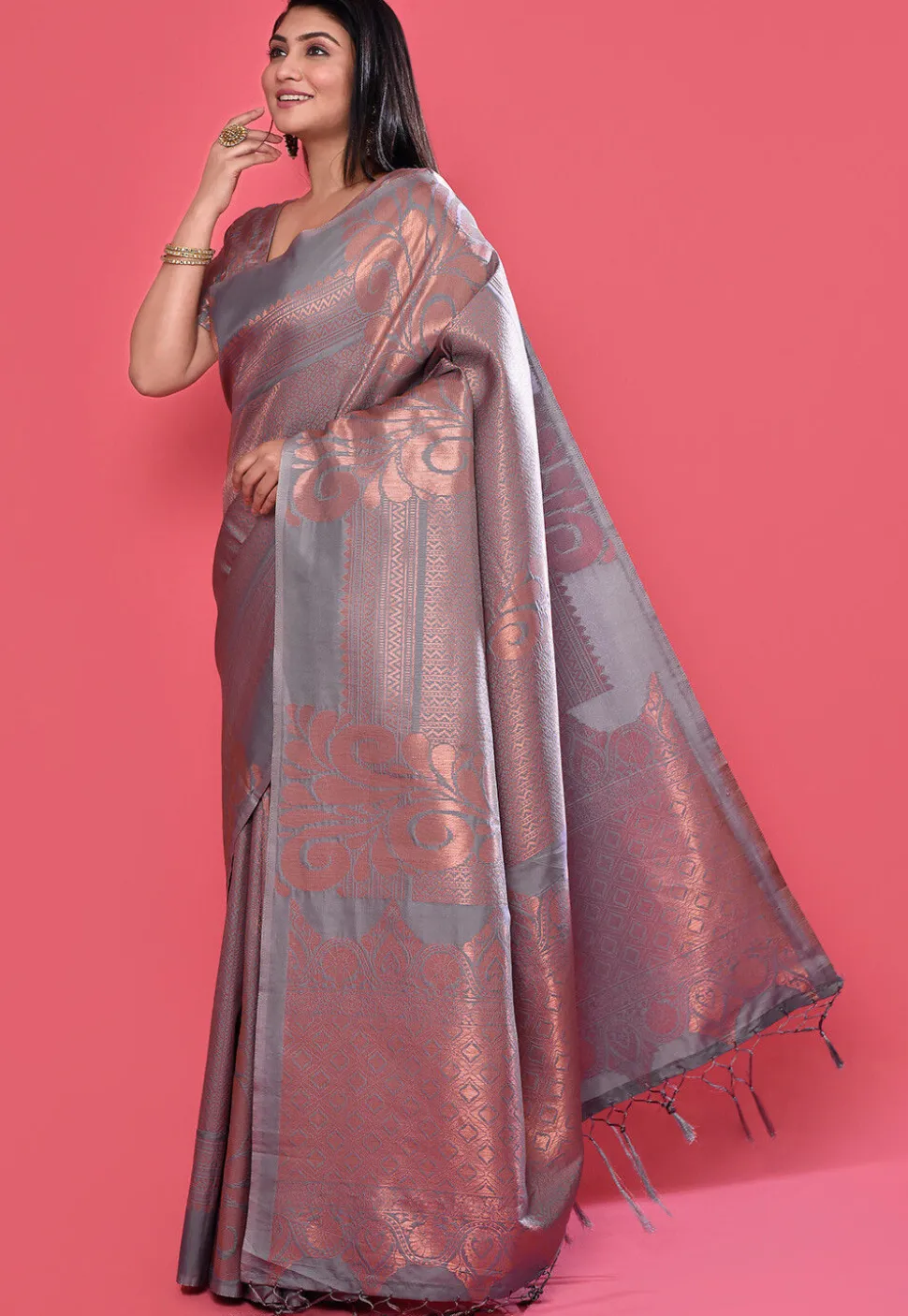 Woven Art Silk Saree in Grey