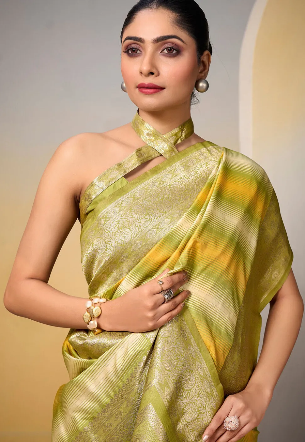 Woven Art Silk Saree in Light Olive Green and Multicolor