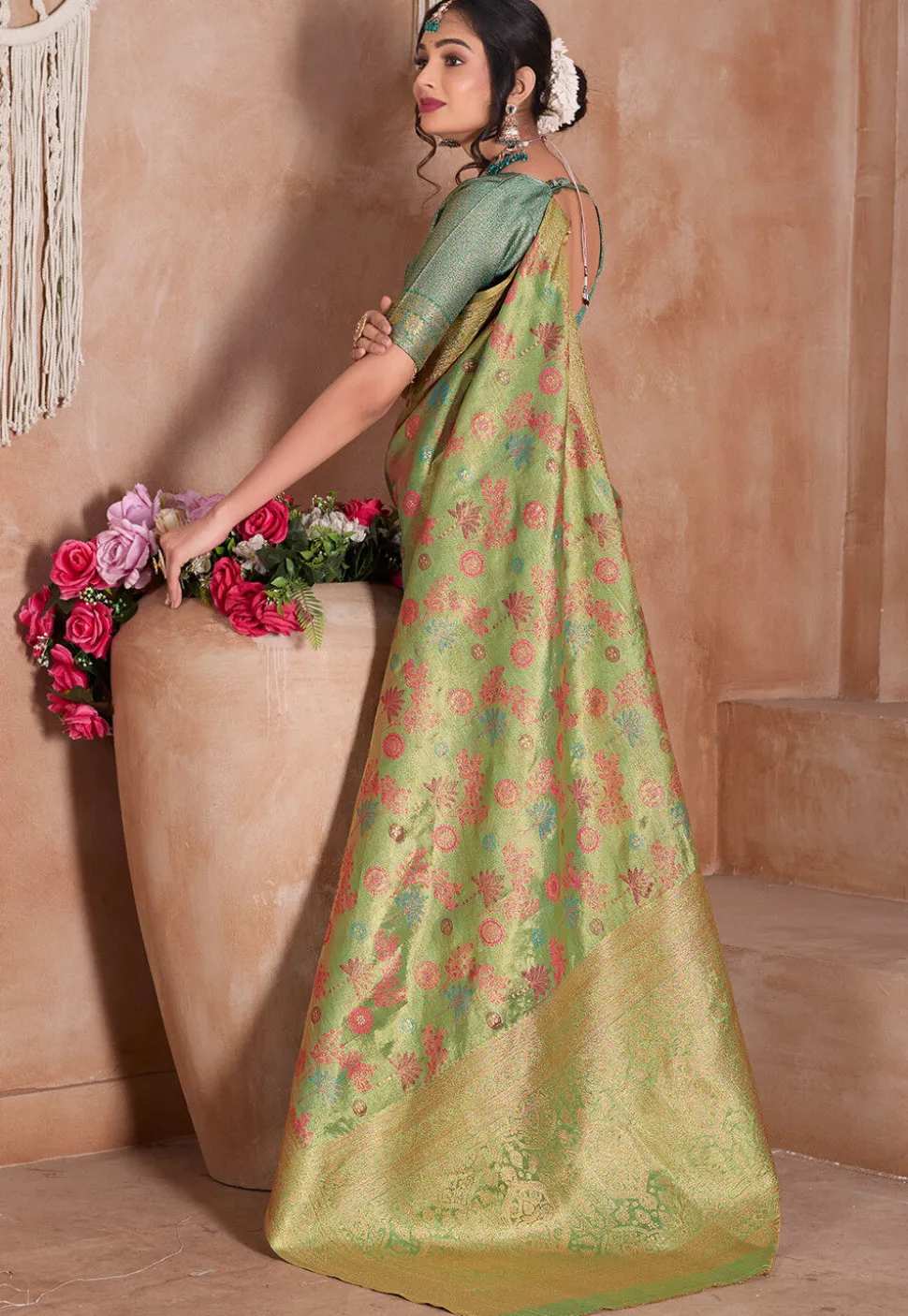 Woven Art Silk Saree in Light Green and Golden