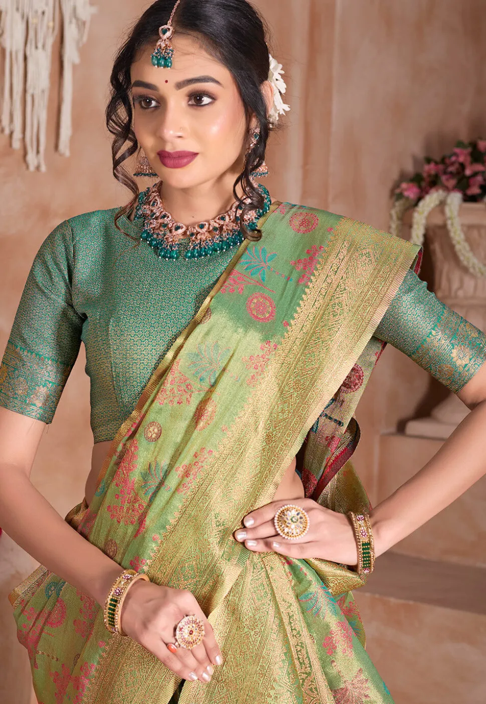 Woven Art Silk Saree in Light Green and Golden