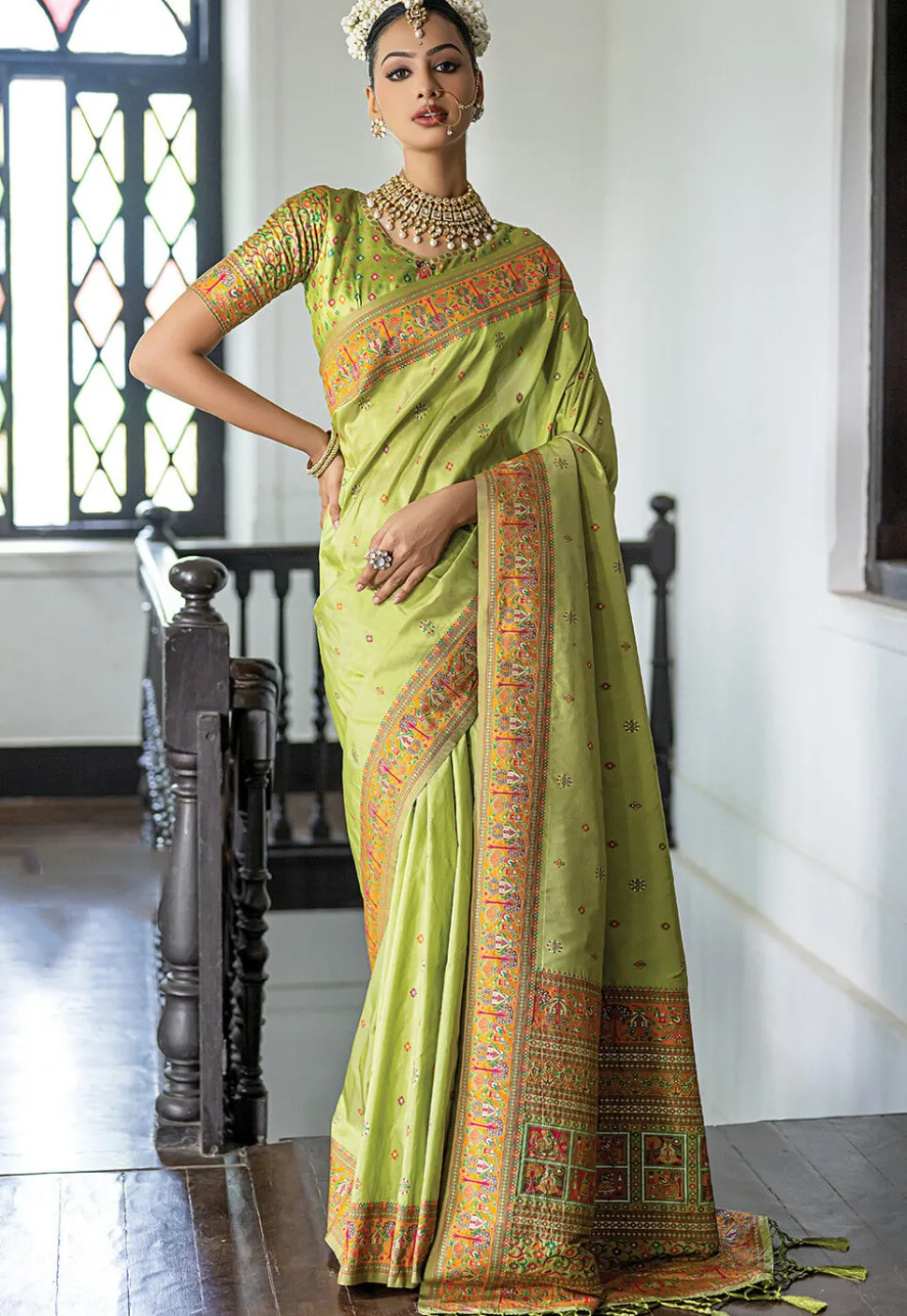 Woven Art Silk Saree in Light Green