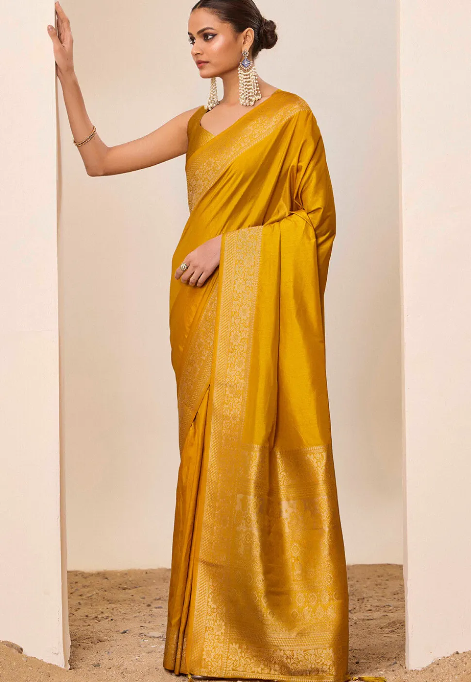 Woven Art Silk Saree in Mustard