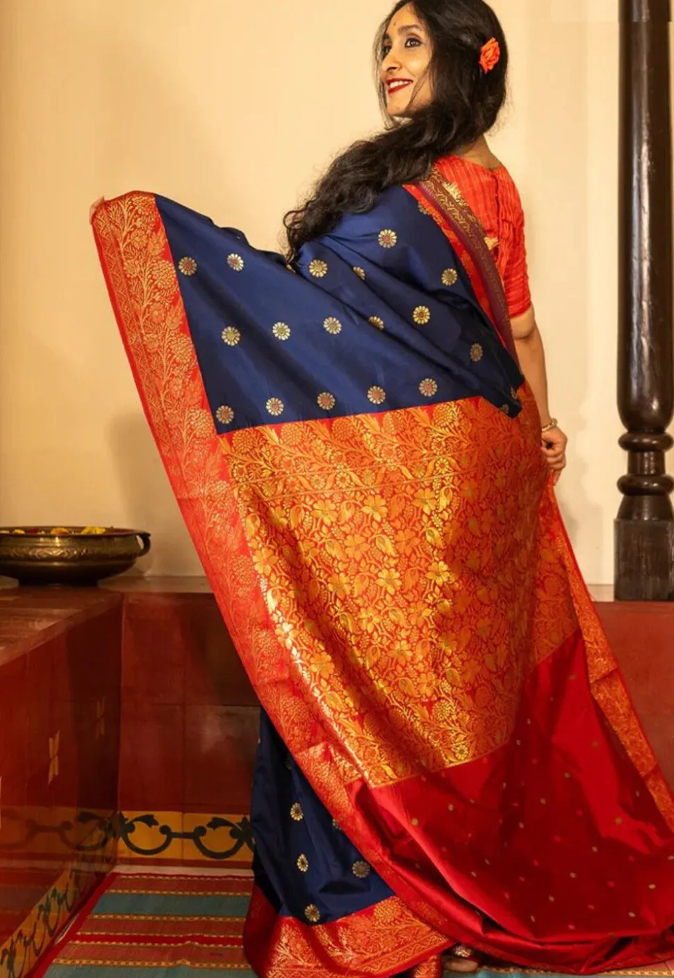 Woven Art Silk Saree in Navy Blue