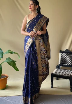 Woven Art Silk Saree in Navy Blue