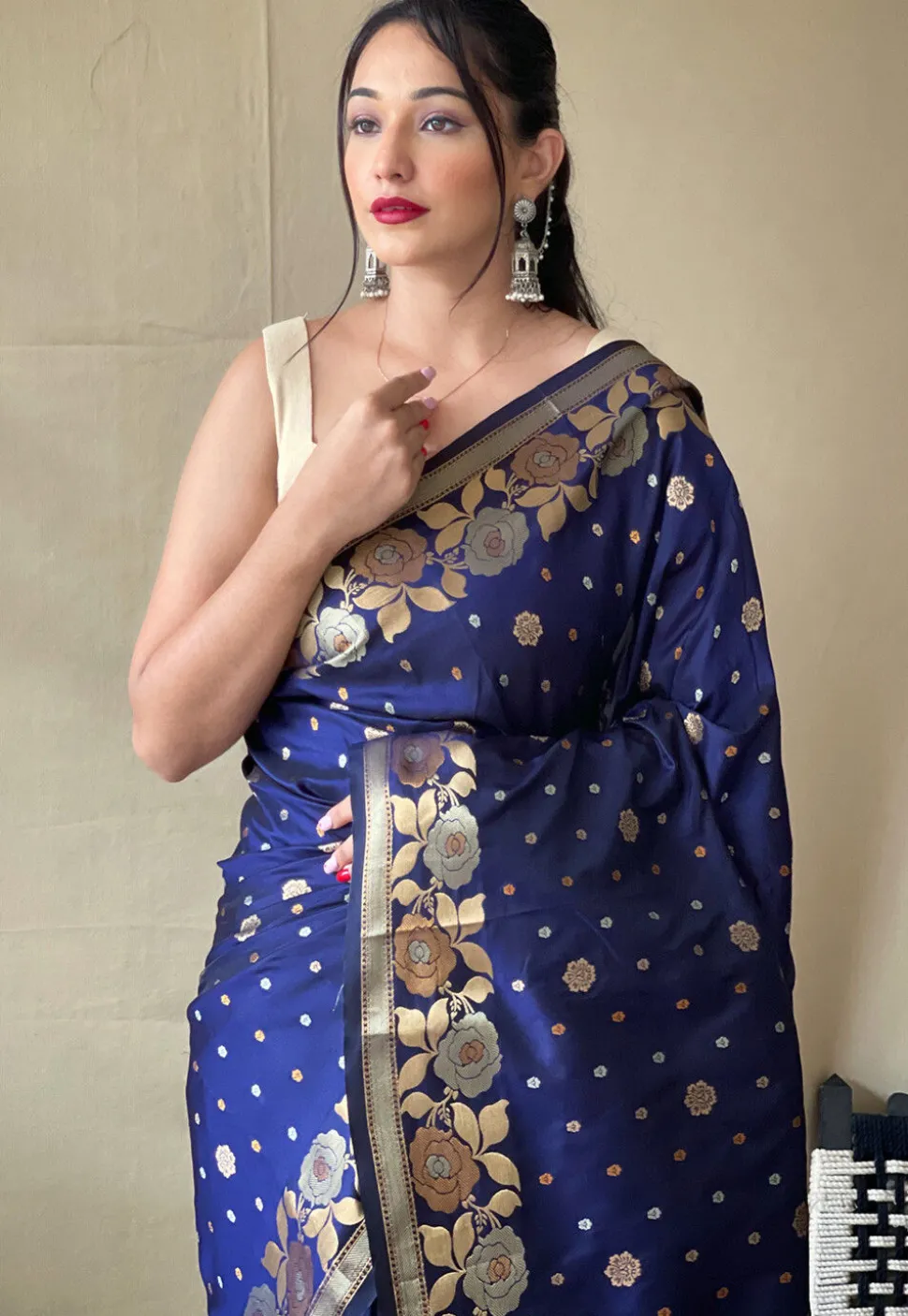 Woven Art Silk Saree in Navy Blue