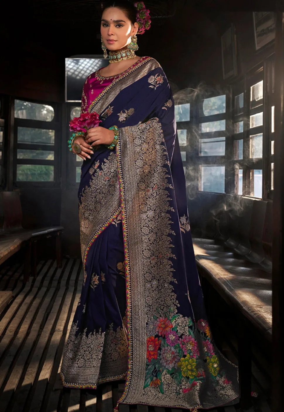 Woven Art Silk Saree in Navy Blue