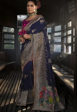 Woven Art Silk Saree in Navy Blue