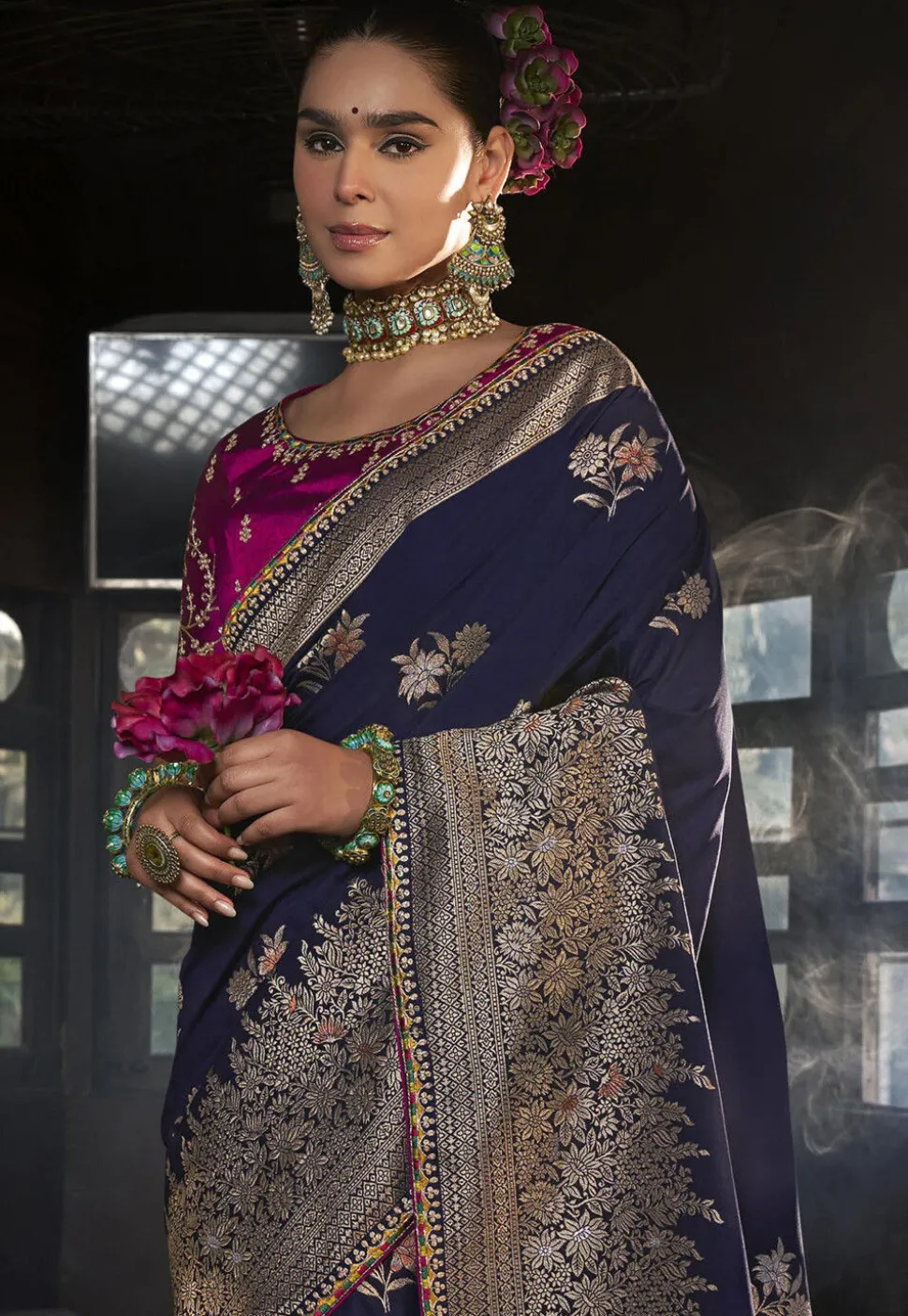 Woven Art Silk Saree in Navy Blue