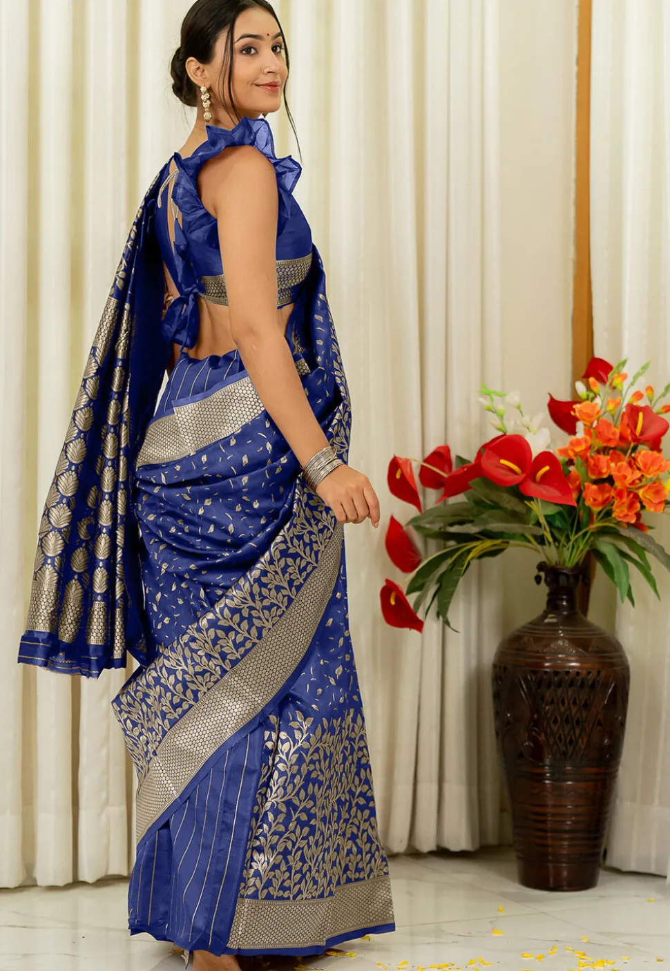 Woven Art Silk Saree in Navy Blue