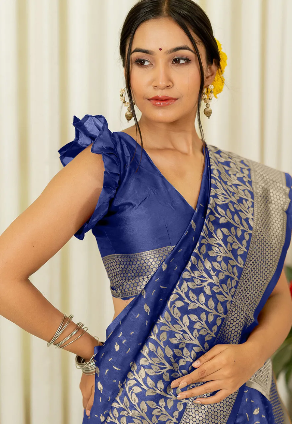 Woven Art Silk Saree in Navy Blue