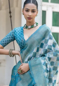 Woven Art Silk Saree in Off White and Blue