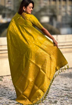 Woven Art Silk Saree in Olive Green