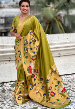 Woven Art Silk Saree in Olive Green