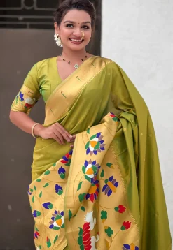 Woven Art Silk Saree in Olive Green