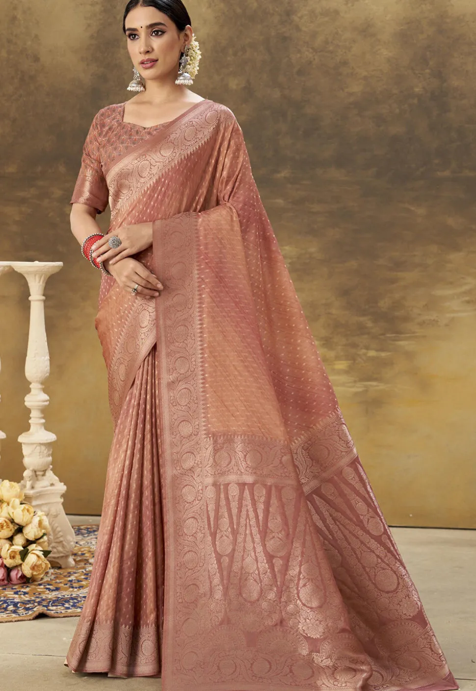 Woven Art Silk Saree in Old Rose