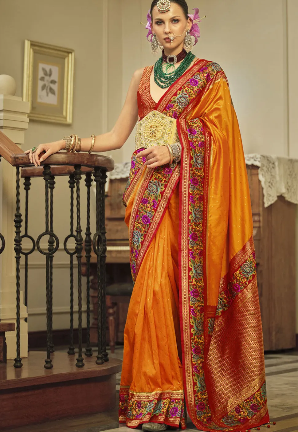 Woven Art Silk Saree in Orange