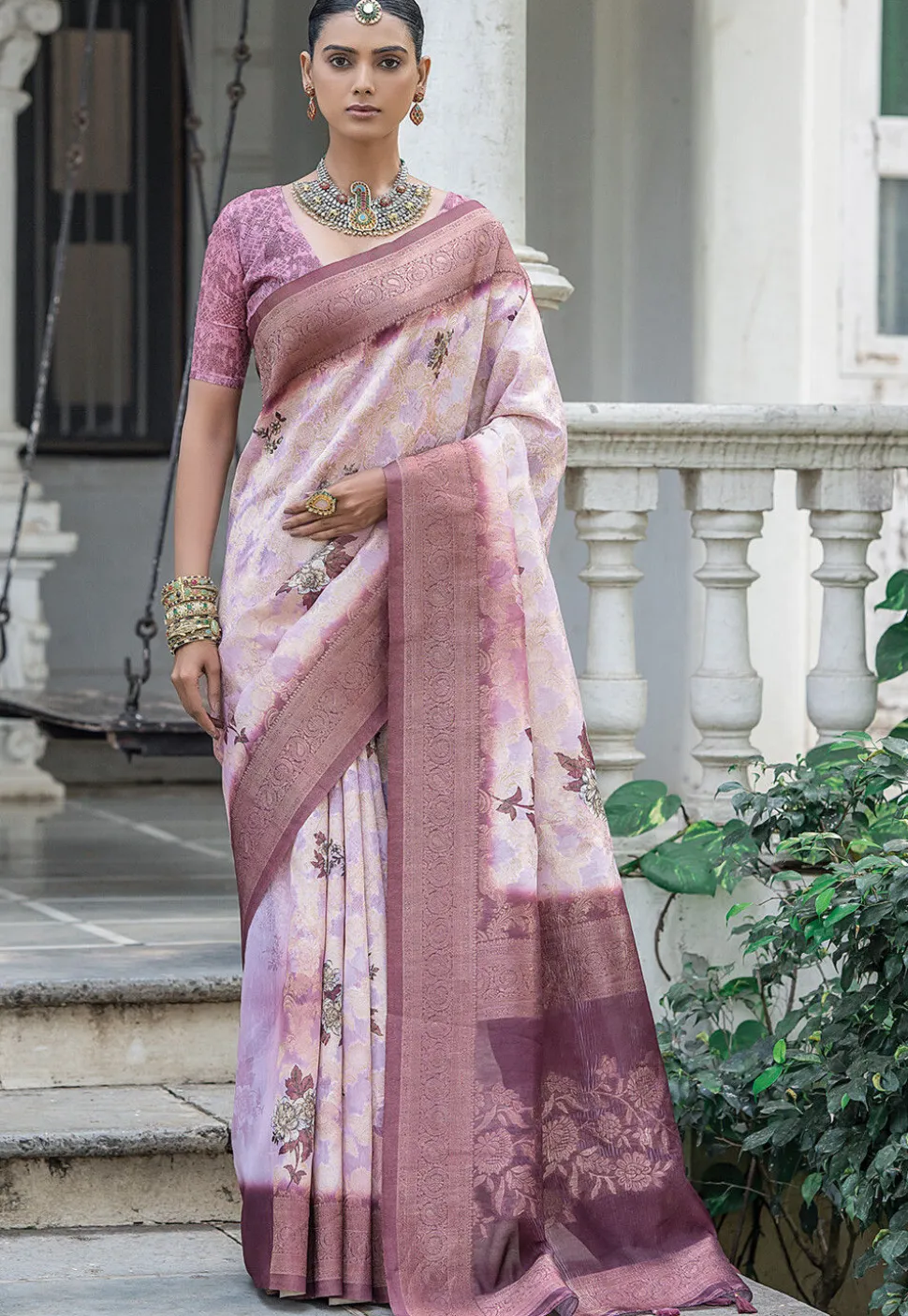 Woven Art Silk Saree in Old Rose